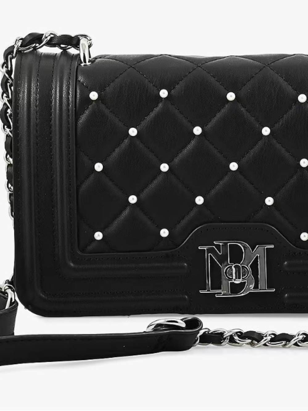 Badgley Mischka Letter Lock Pearl Quilted Crossbody Black Chain Bag